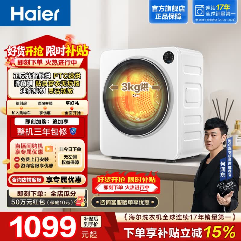 海尔（Haier）迷你滚筒烘干机4KG 全自动小型家用烘干机 烘衣服 租房 PTC速烘 低温柔烘 除菌螨 多程序 25NW