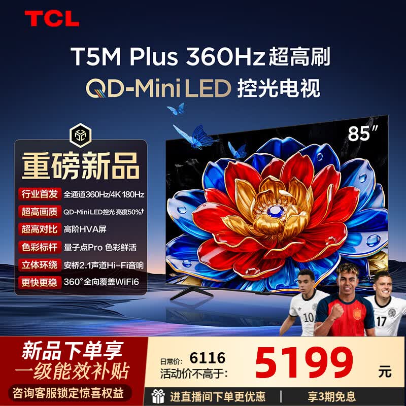 TCL电视 85T5M Plus 85英寸 QD-Mini LED控光 360Hz超高刷 QLED量子点 安桥音响 WiFi6  85英寸 标准版【标配底座】