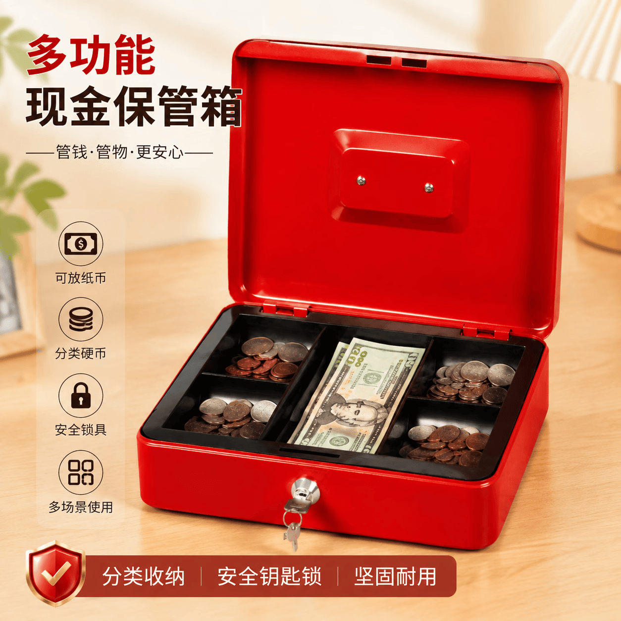 万梭密码零钱盒带锁钱箱手提小铁箱子收银箱保险盒密码盒收纳盒储蓄罐 大号【钥匙款】黑色【可放房产证】