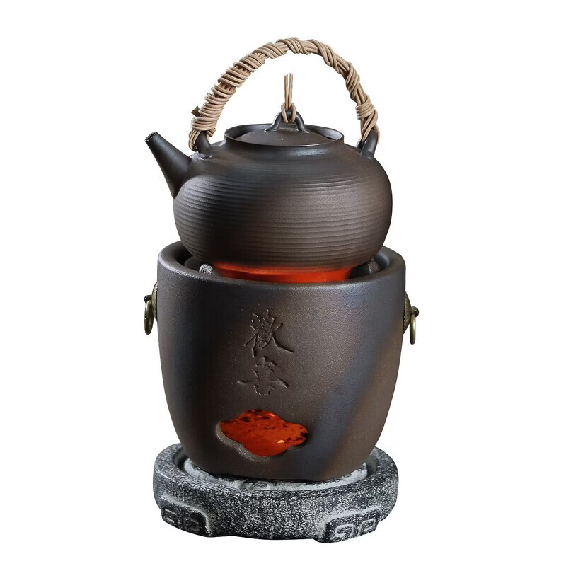 棉小城围炉煮茶器炭火炉套装薄胎跳盖煮水砂铫壶原矿柴烧手工藤条提梁壶 柴烧欢喜炭炉+柴烧时光摇马侧把壶+祥云垫