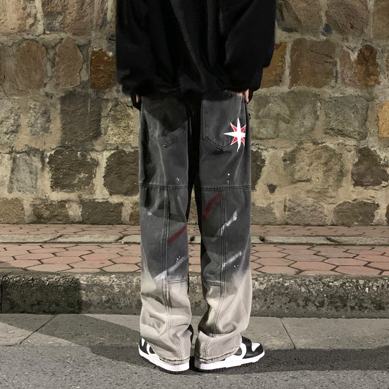 虞笙星星渐变色牛仔裤男设计感小众刷漆直筒裤暗黑系高街痞 图色 s