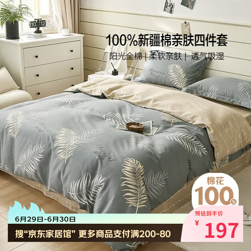 百丽丝水星家纺出品四件套床上纯棉100%全棉四件套被套床单被罩双人床上用品套件亲肤1.8m床