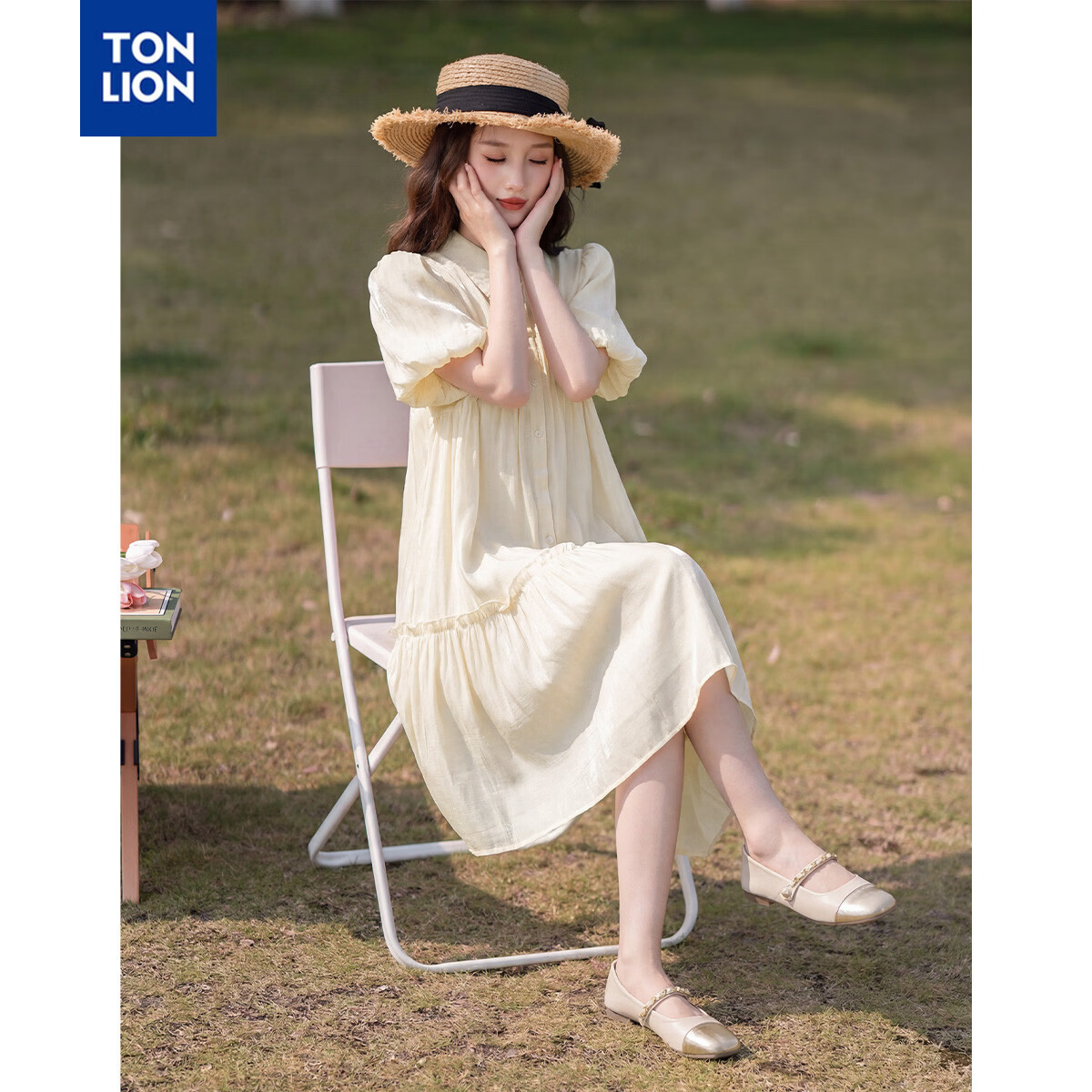 唐狮（TonLion）2026夏季连衣裙女气质淑女衬衫领泡泡袖净色名媛风百搭