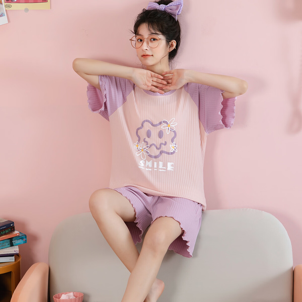 黛梦思睡衣女夏季2026年新款少女初高中学生短袖短裤薄款可外穿家居服 浅紫 （凉而不冰） XL -女款 （建议120-140斤）