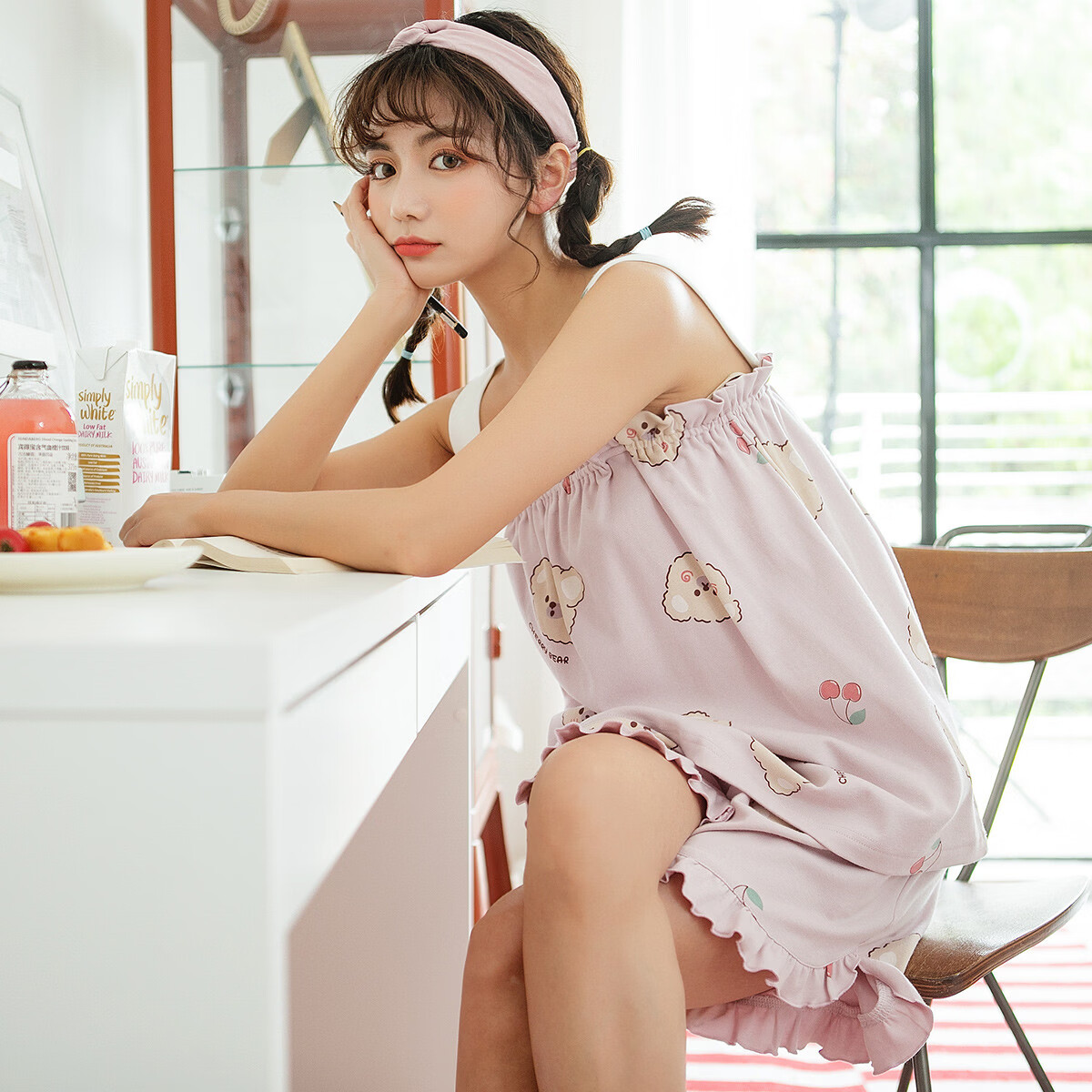 黛梦思吊带睡衣女夏季2026年新款女士纯棉背心短裤两件套家居服可外穿 浅紫 XL -女款 （建议120-140斤）
