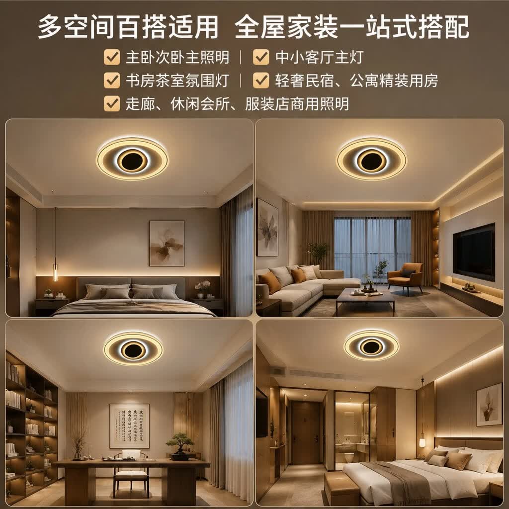 轻奢同心圆造型吸顶灯LED三色分段调光家用主卧极简环形氛围灯具 85W 50㎡内适用 1000lm 三色变光