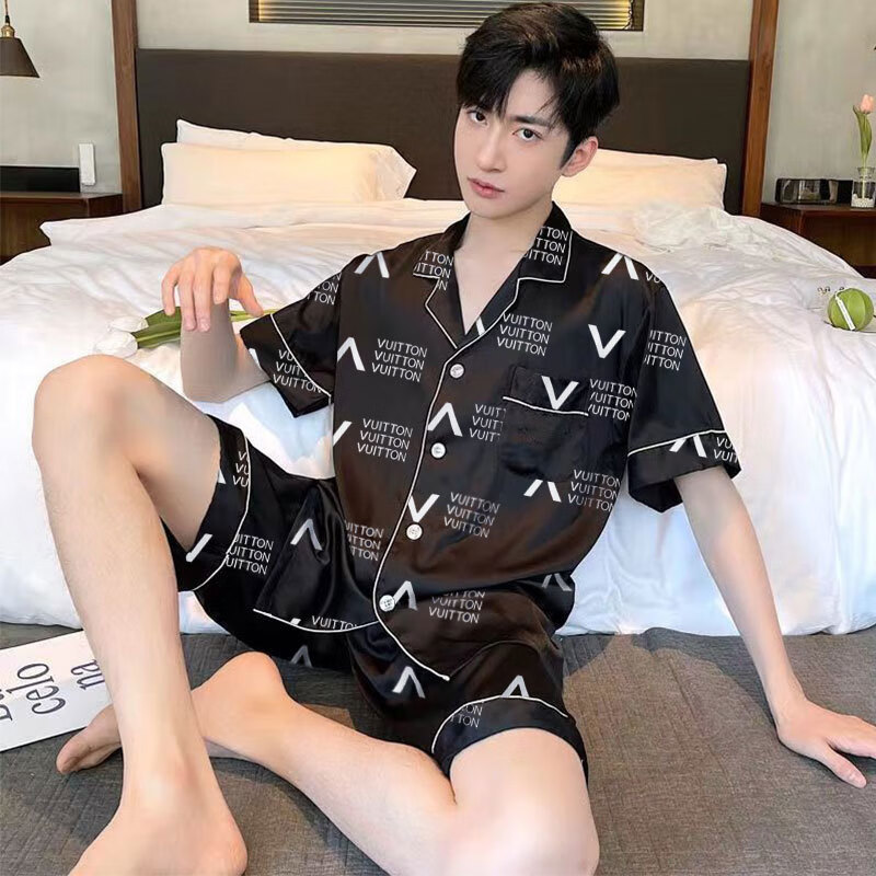 夏季男士睡衣开衫翻领短袖短裤青年男性宽松休闲风家居服套装 D.N-10双短黑底V字男装开衫 XL