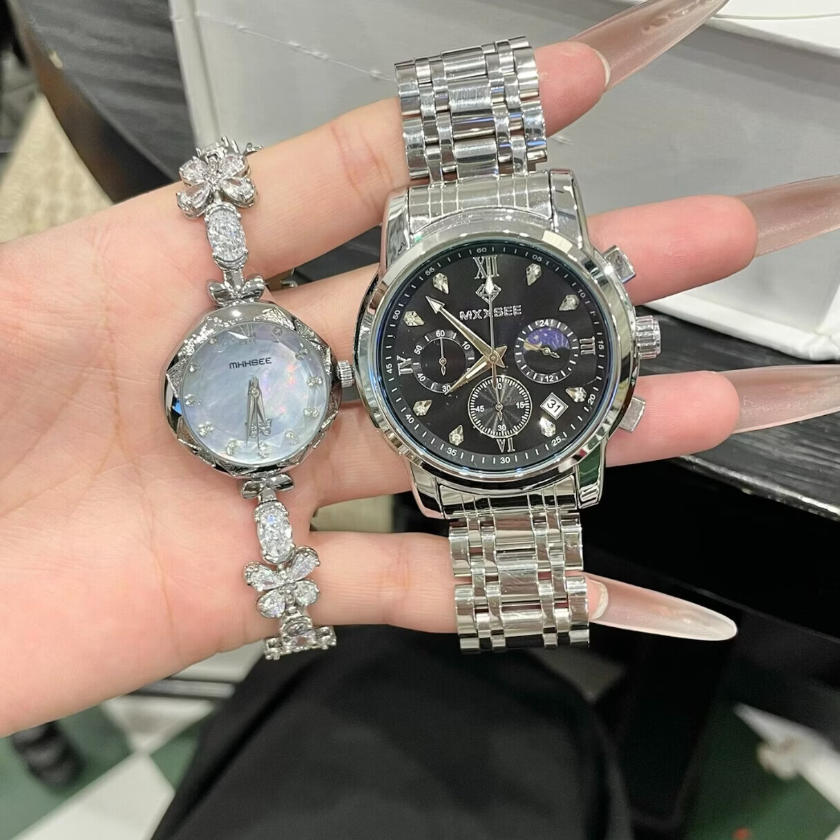 MXXSEE情人节礼物情侣手表一对2026新款正品牌男女送老婆机械风石英手表 银黑+幻彩【赠情侣珍珠礼盒+手镯】
