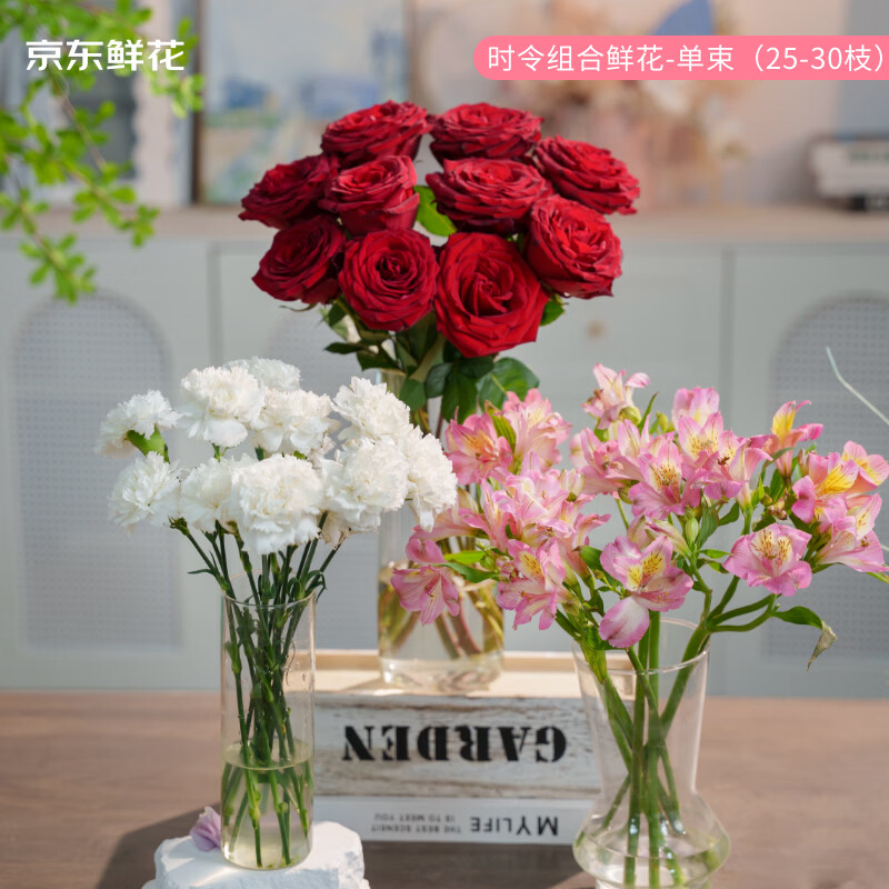 京东鲜花玫瑰10枝+随机色康乃馨10枝送六初10枝3束鲜花节日礼物源头直发