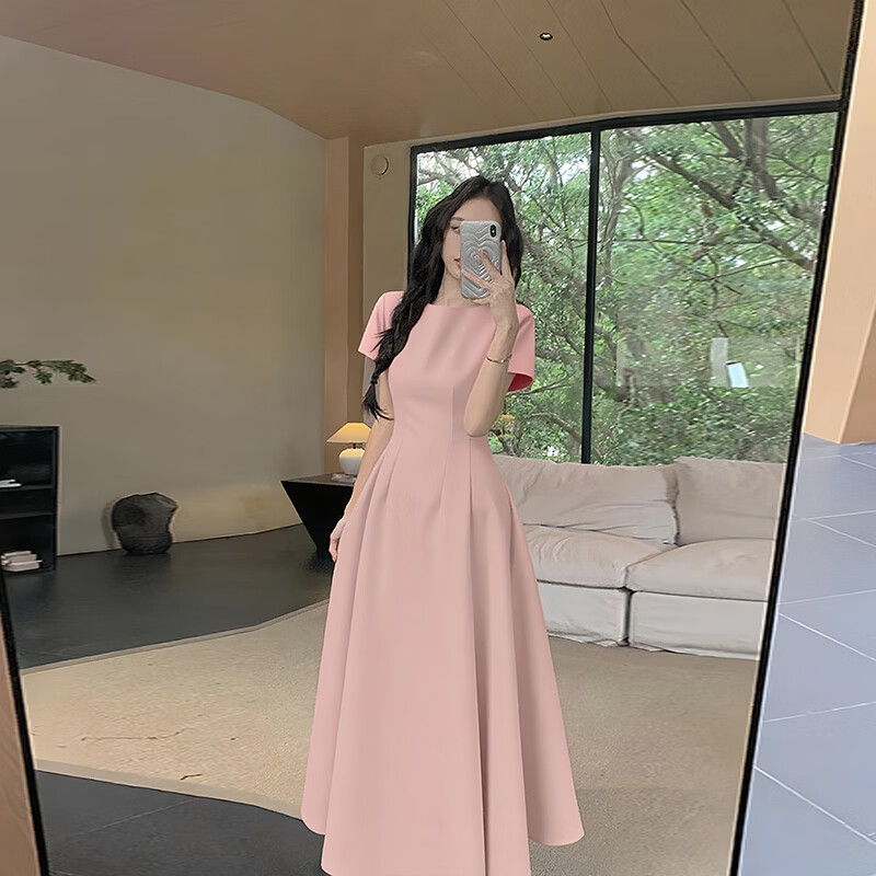 GARNUO粉色短袖连衣裙子女2026夏季新款法式高级感气质礼服收腰显瘦长裙 白色【短袖长款】 S 【80-100斤】