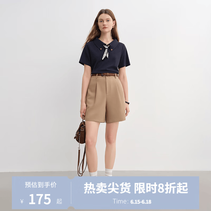独束大码女装腰果花丝巾T恤POLO领短袖女2025新款宽松减龄显瘦T恤 藏青 XL （尺码：3）