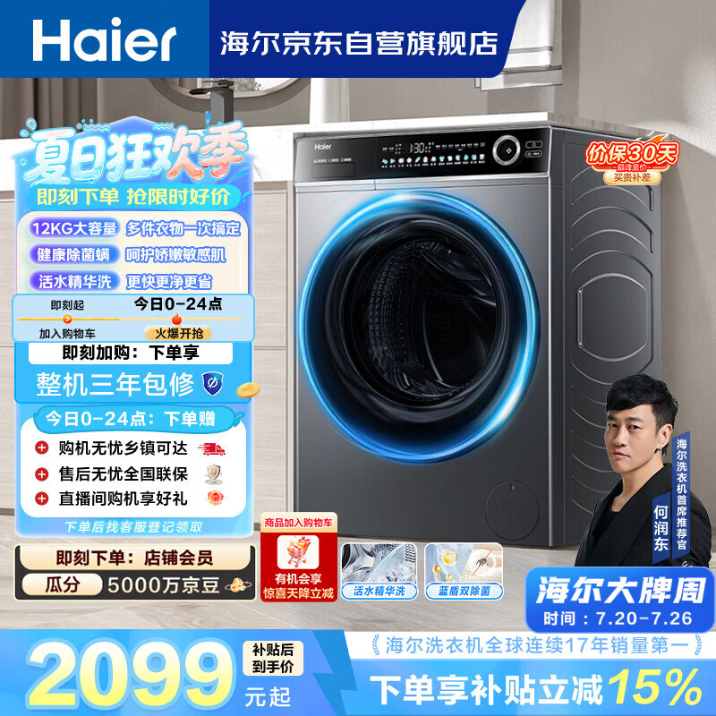 海尔（Haier）【何润东同款】滚筒单洗洗衣机全自动家用12公斤大容量超薄 家电国家补贴 洗羽绒服 以旧换新 659H