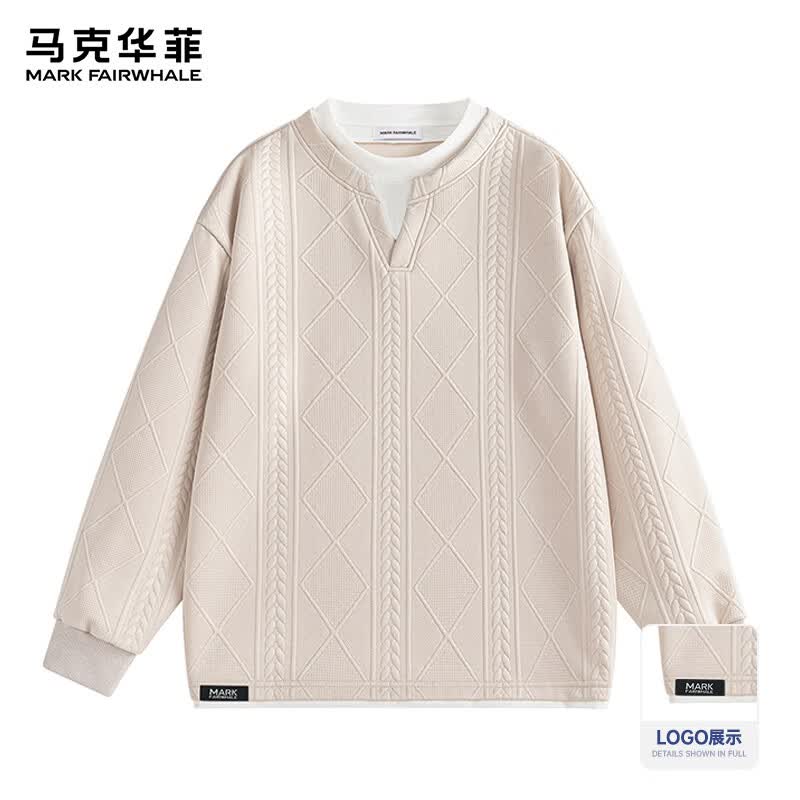 马克华菲（MARK FAIRWHALE）卫衣男春秋季复古肌理套头衫假两件潮流日常上衣 卡其    L   