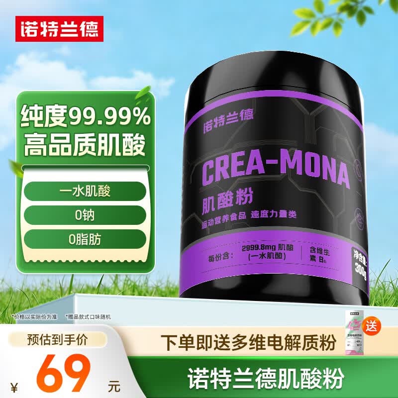 诺特兰德肌酸粉 99.9%高纯度一水肌酸健身运动补剂爆发力耐力官方旗舰店 99.99%高纯肌酸 300g*1罐 +多维电解质
