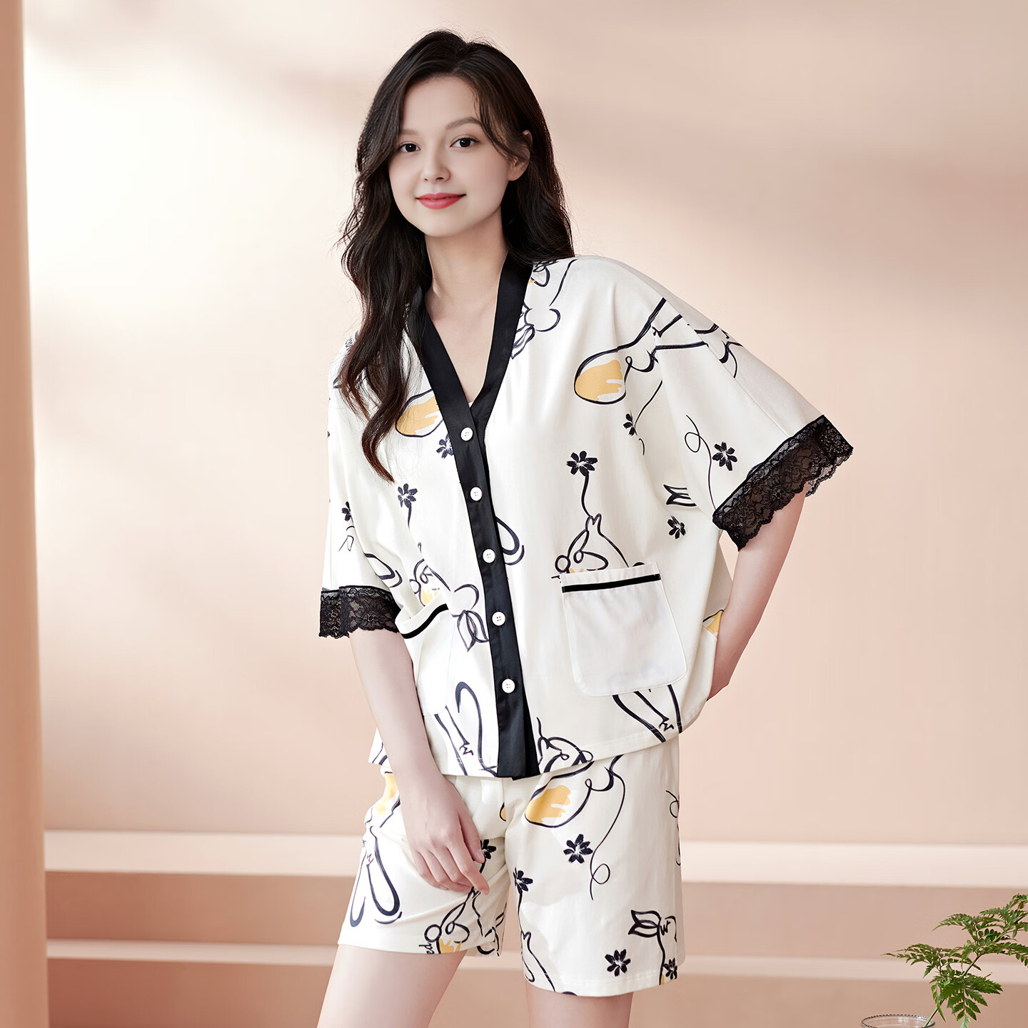 芬腾睡衣女款夏季纯棉短袖可外穿休闲薄款夏天凉感大码家居服套装 FJ27921928米色 M 建议90-110斤