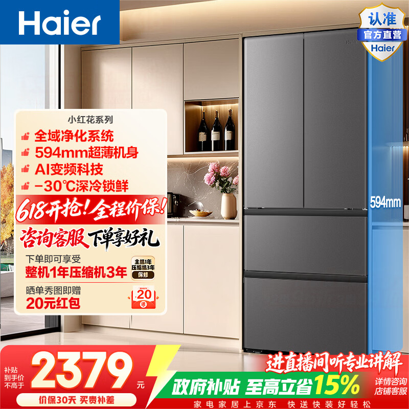 海尔（Haier）大圆宝456升法式多门冰箱全域净化系统超薄机身AI变频科技深冷锁鲜BCD-456WGHFDEDB7U1政府补贴15% 大圆宝456L法式|双净化|超薄机身