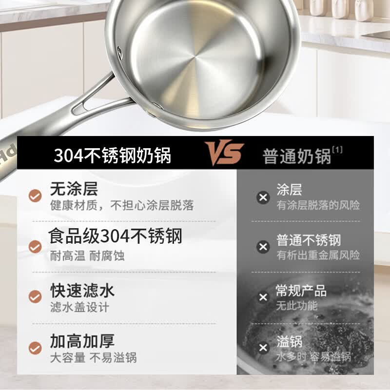 PHIND辅食锅汤锅奶锅304不锈钢锅加厚泡面锅清汤锅小奶锅炖汤煮粥锅 【0涂层】3层加厚复合钢 16cm