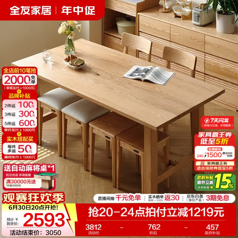 全友（QUANU）家居原木风实木餐桌椅子组合套装大板桌客厅家用工作台吃饭方桌 原木色|2m单餐桌