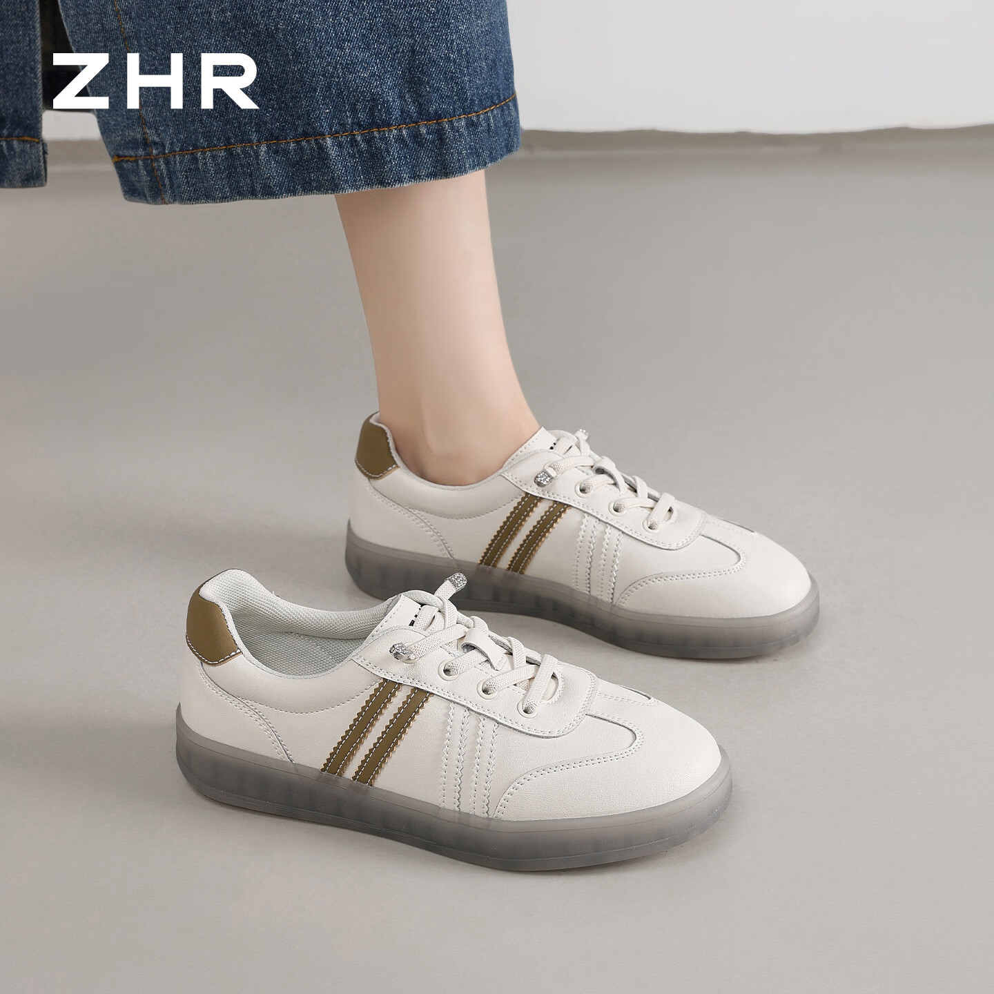 ZHR果冻底平底小白鞋2026春季新款百搭舒适运动鞋轻便休闲鞋女鞋 米杏色 38