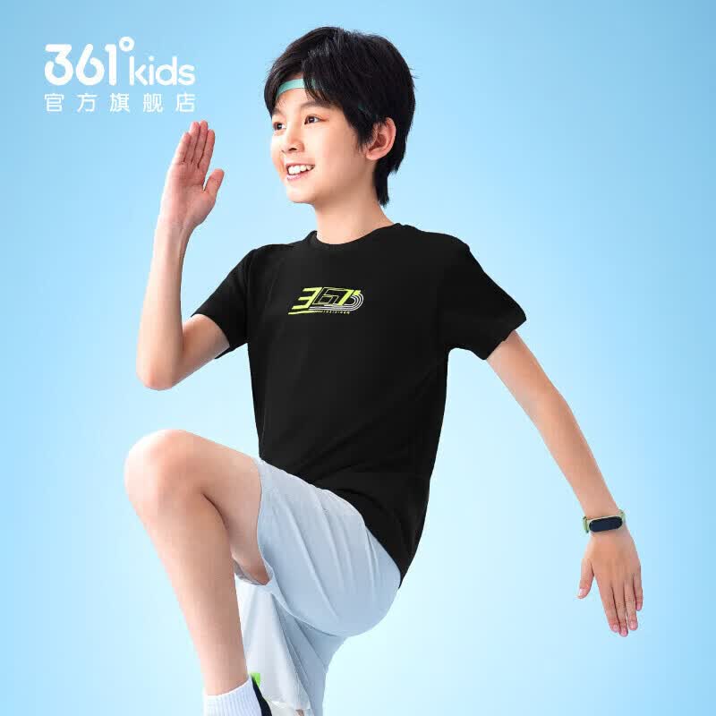 361°童装男女童短袖针织衫夏季新款速干透气儿童T恤中大童冰爽t恤 经典黑1203 160 cm