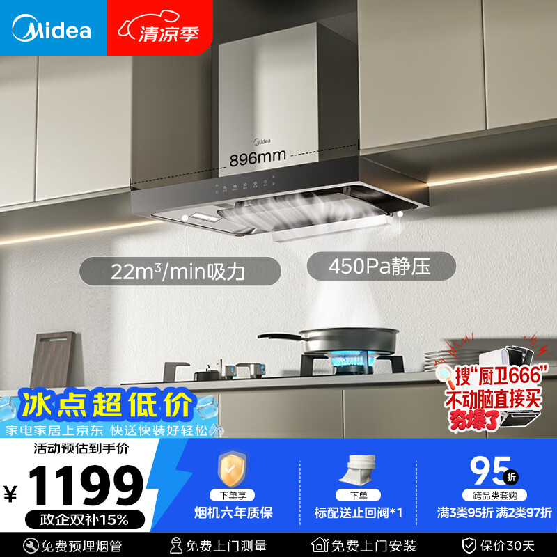 美的（Midea）抽吸排油烟机家用顶吸欧式吸油烟机22立方大吸力油烟机 挥手智控 抽烟机T36可配燃气灶