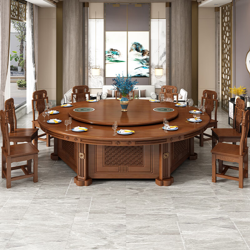 聪哥酒店20人高端雕花餐桌全实木带转盘饭店18人包厢新中式电动大圆桌