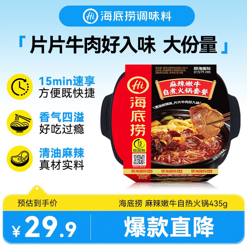 海底捞自热火锅 方便速食免煮速食露营出游零食 麻辣嫩牛火锅435g