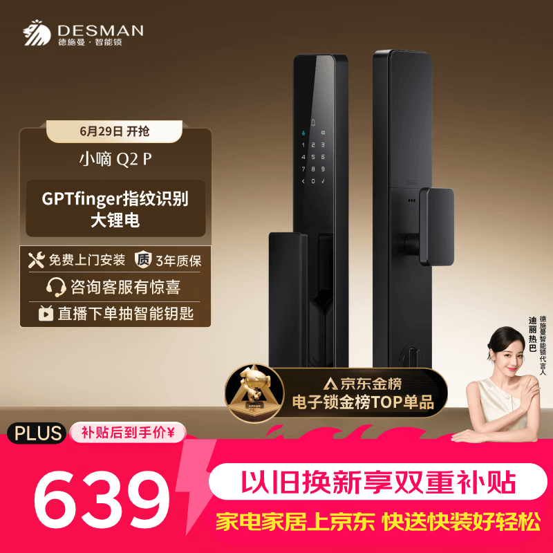 德施曼（DESMAN）智能门锁全自动C级锁芯入户门防盗指纹密码电子锁小嘀Q2P