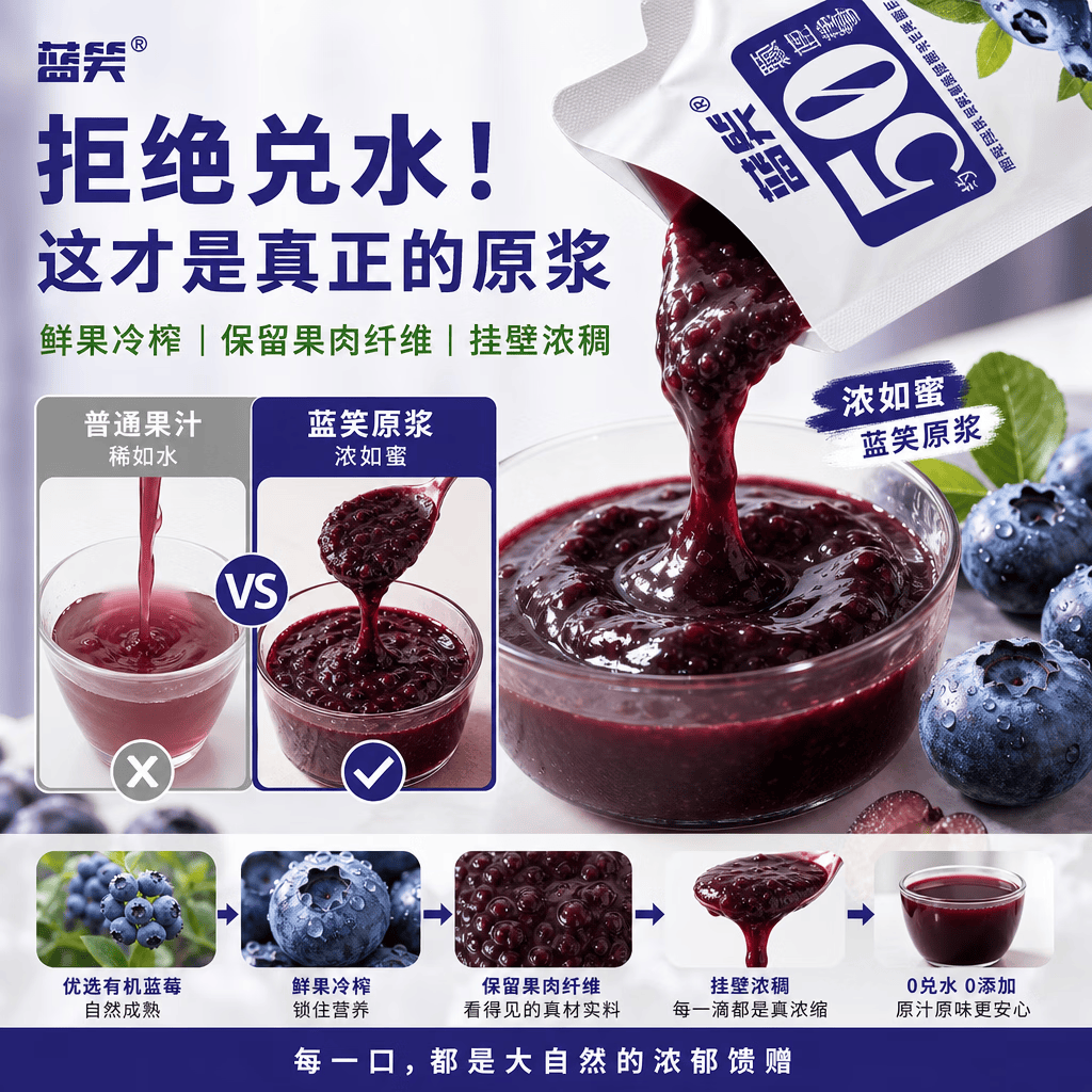 蓝笑有机蓝莓原浆0脂0糖 NFC纯果汁 富含花青素护眼 儿童孕妇早餐饮品 【送礼/长效护眼】450ml x 5袋(单袋低至39.98元)
