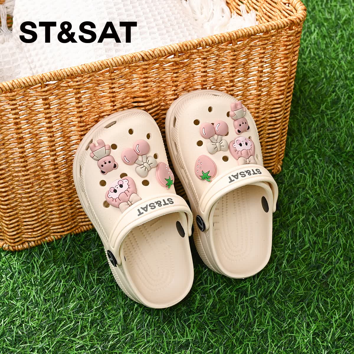 星期六(St&Sat)儿童洞洞鞋夏季外穿女童凉拖鞋防滑轻便卡通萌趣一脚蹬海边沙滩鞋 粉色 39 -40【鞋内长25cm】 京东折扣/优惠券