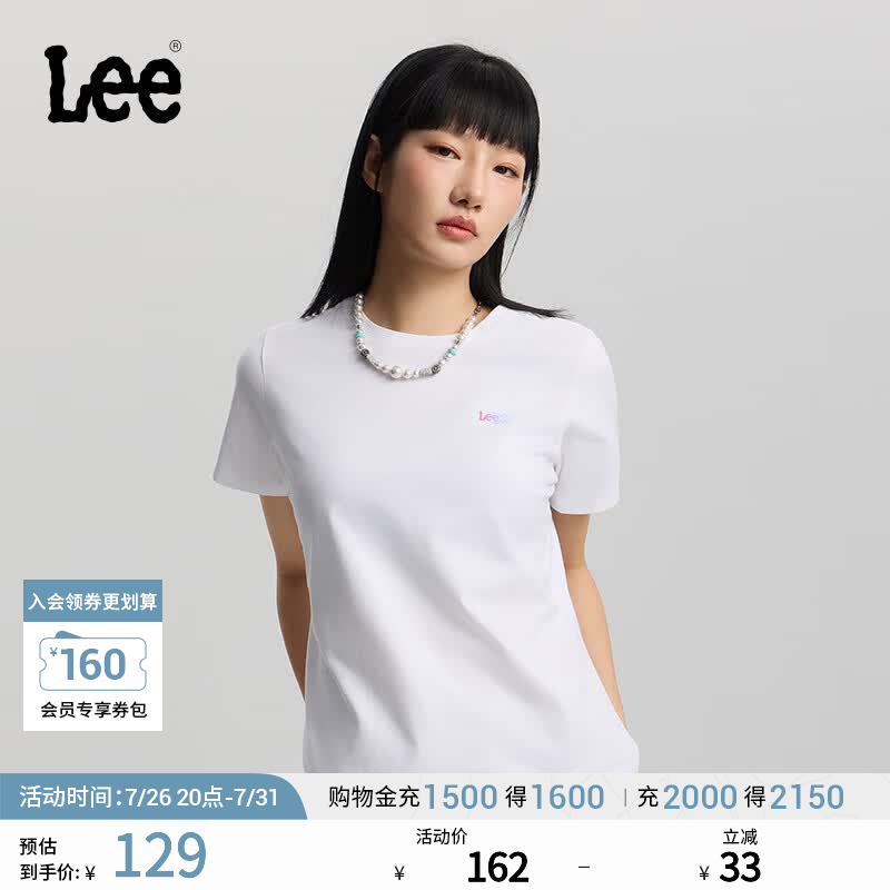 Lee26春夏新品标准版圆领渐变Logo印花女短袖T恤休闲潮LWT0121924LE 白色 L
