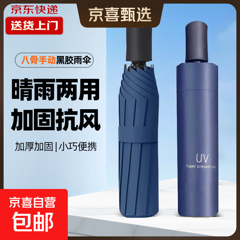爆款雨伞加大雨伞男女商务伞大号格子折叠雨伞双人三人晴雨伞 藏青UV【手动款】