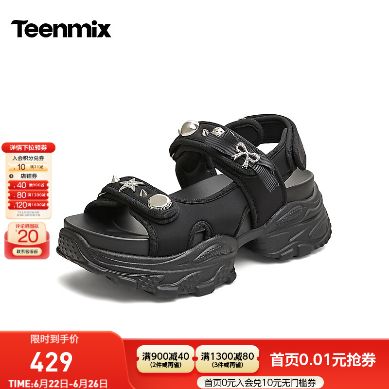 天美意2026夏新款商场同款增高时尚一字带女休闲凉鞋BN261BL6 黑色 37