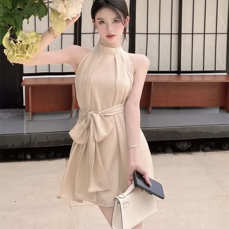 连衣裙挂脖无袖收腰显瘦气质包臀短裙子 米色 XL 建议110-20