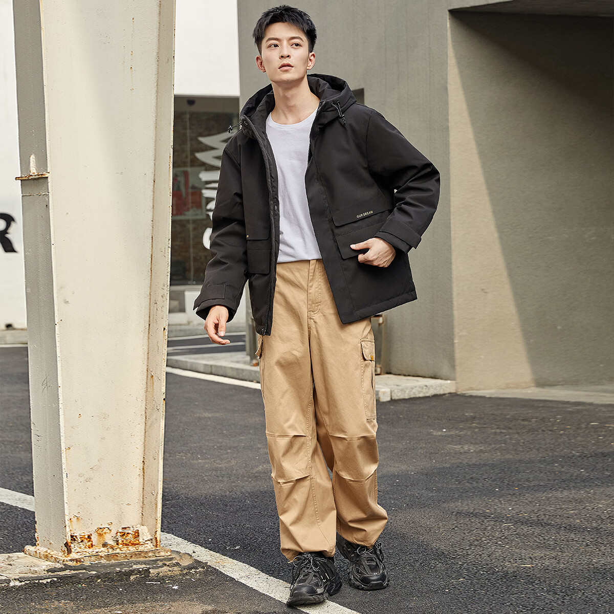 千仞岗秋冬季工装夹克羽绒服男士休闲运动连帽上衣简约防寒服保暖外套 魔力黑 XL (175)