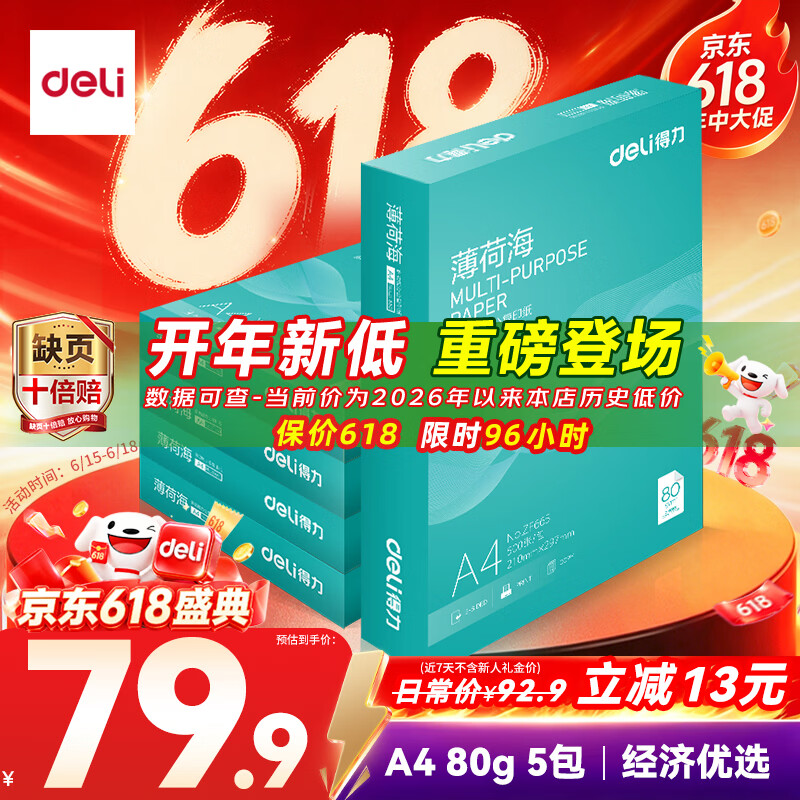 得力（deli）薄荷海A4打印纸 80g500张*5包一箱 加厚双面复印纸 高性价比草稿纸 整箱2500张【集采推荐】