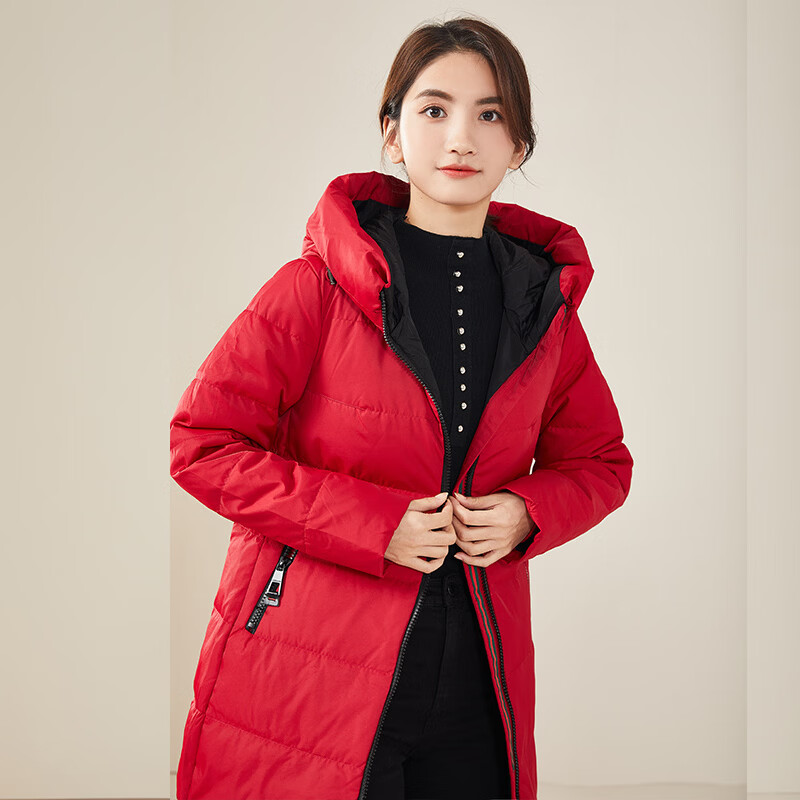 千仞岗秋冬季羽绒服女长款连帽外套气质时尚百搭休闲简约纯色保暖防寒服 经典红 S (160)