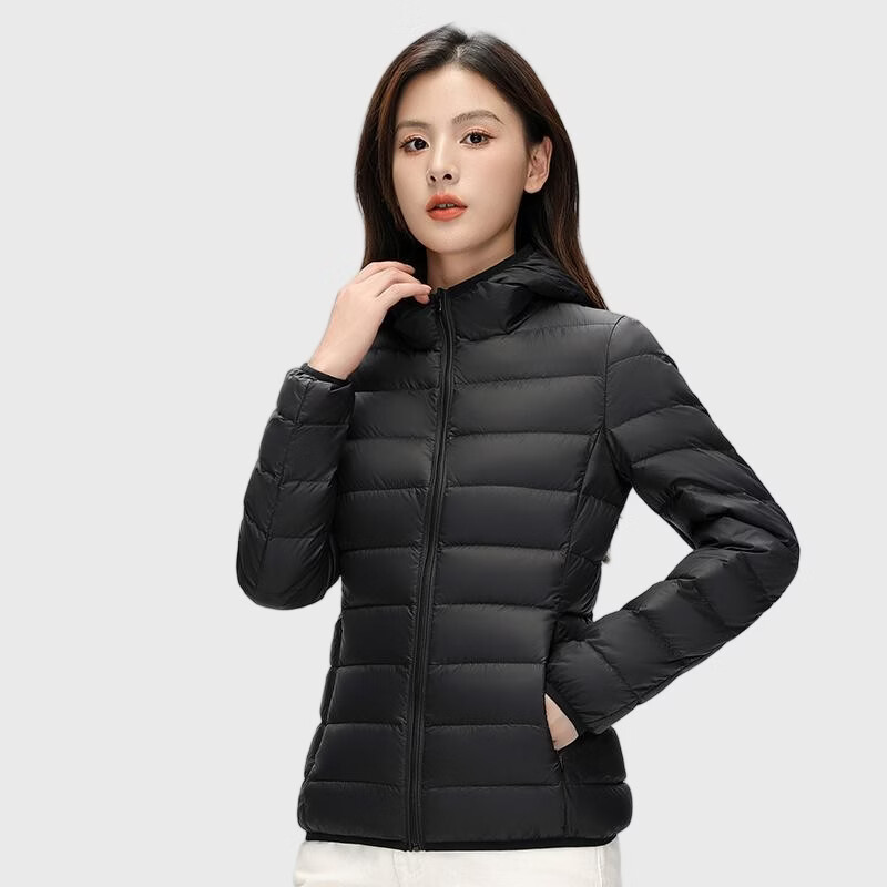 拉夏贝尔（La Chapelle）秋冬连帽短款女士保暖轻薄羽绒外套羽绒服内搭简约休闲 黑色 S (建议80-90斤)