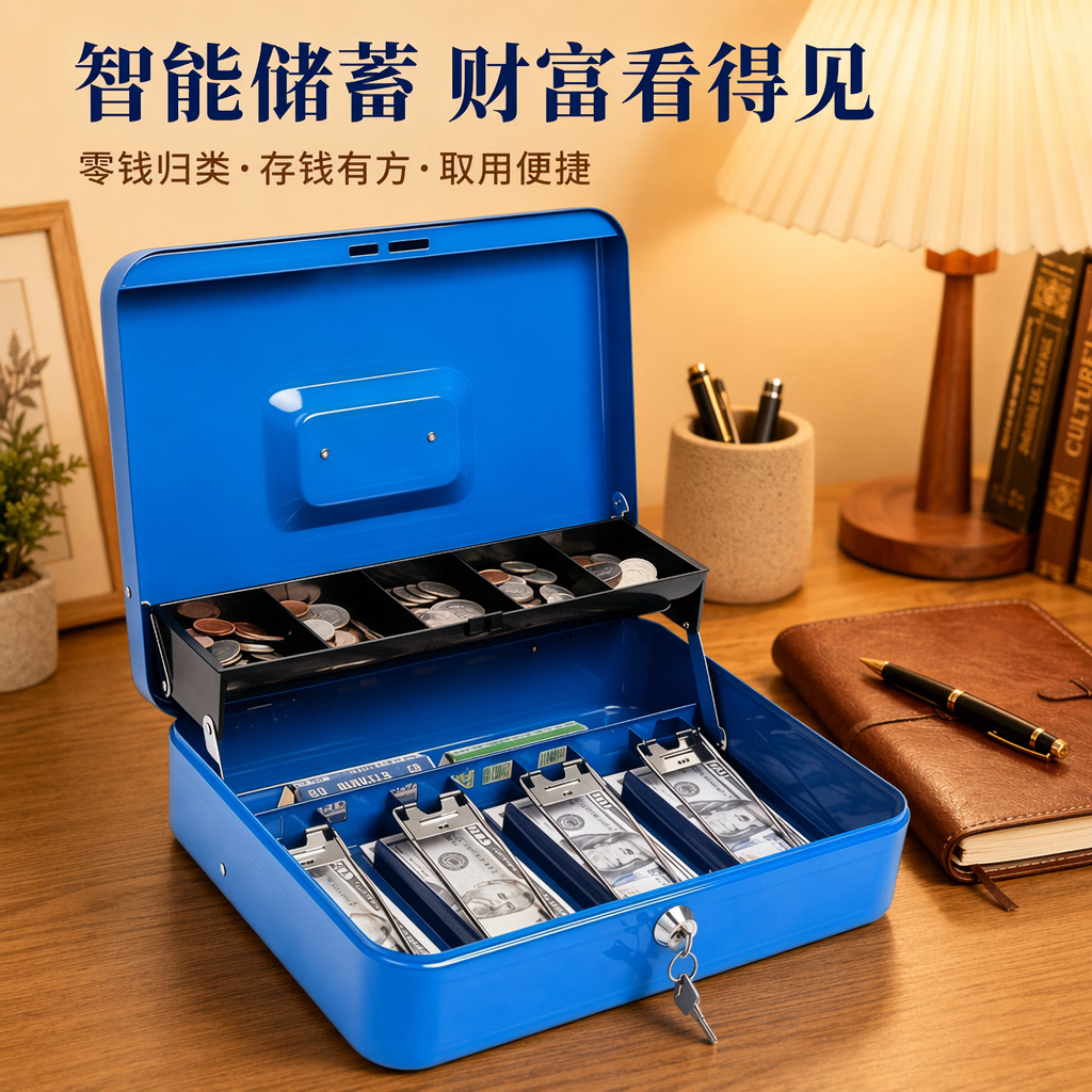 万梭密码存钱罐收款箱储蓄罐纸硬币分类大收纳盒收银钱箱盒票据箱钥匙 【密码款】特大号-蓝色