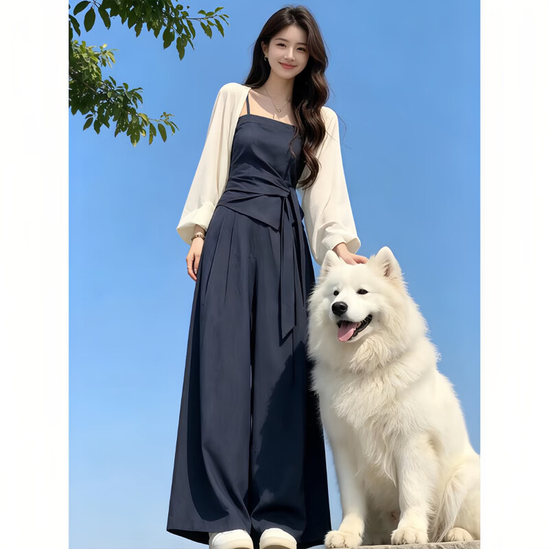 韩璐娇(hanlujiao)温柔气质休闲阔腿裤套装女夏季吊带背心针织衫衣服女装裤子三件套 杏色外披+吊带+阔腿裤【三件套】 XL (建议125斤-135斤)