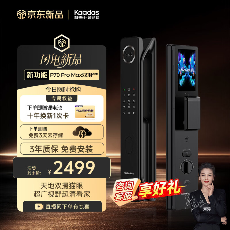 凯迪仕（KAADAS）智能门锁 人脸可视猫眼大屏双锂电 智能锁P70 Pro Max双摄AI版