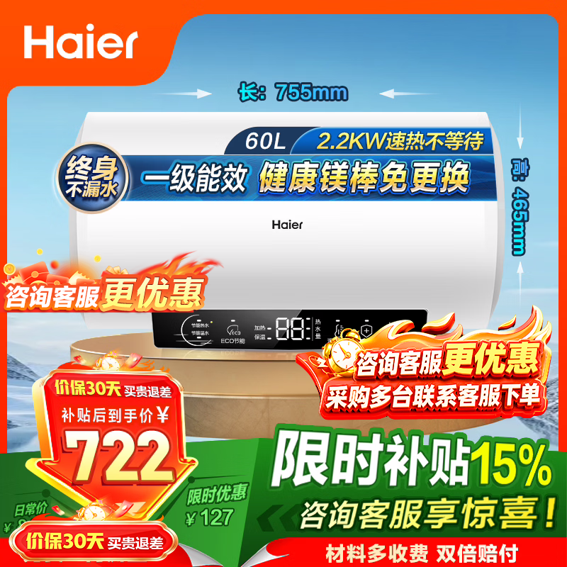 海尔（Haier）热水器电热水器60升【咨询客服享补贴】R3镁棒免更换2200W速热一级能效家用储水式大水量上门安装 60L 2200W 【镁棒免更换】R3