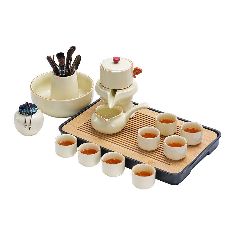 曲和(QUHE)汝窑茶具套装家用石磨泡茶壶陶瓷功夫茶杯懒人半自动冲茶神器全套 米黄汝窑妙茗自动茶具9件套(安全