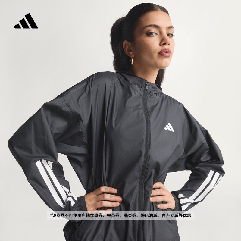 adidas拒水梭织宽松三条纹运动连帽夹克外套健身服女新款阿迪达斯   黑色/白色   L