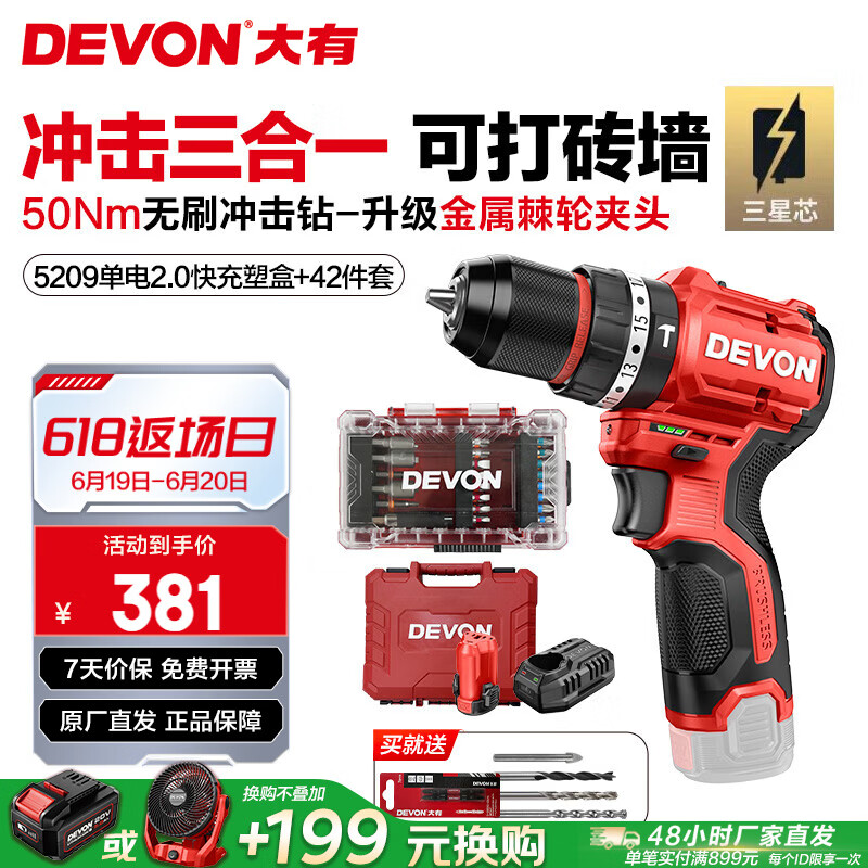 大有（Devon）12V锂电钻5208U 冲击钻5209U家用充电手电钻50Nm大扭力电动螺丝刀 5209U单电2.0快充+42件套 三星芯【塑盒装】