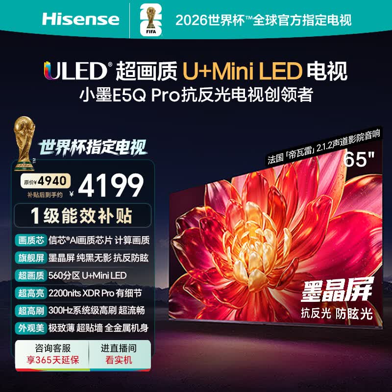 海信电视小墨E5Q Pro 65英寸 560分区U+MiniLED 信芯芯片抗反光防眩光墨晶屏能效补贴世界杯65E5Q-PRO