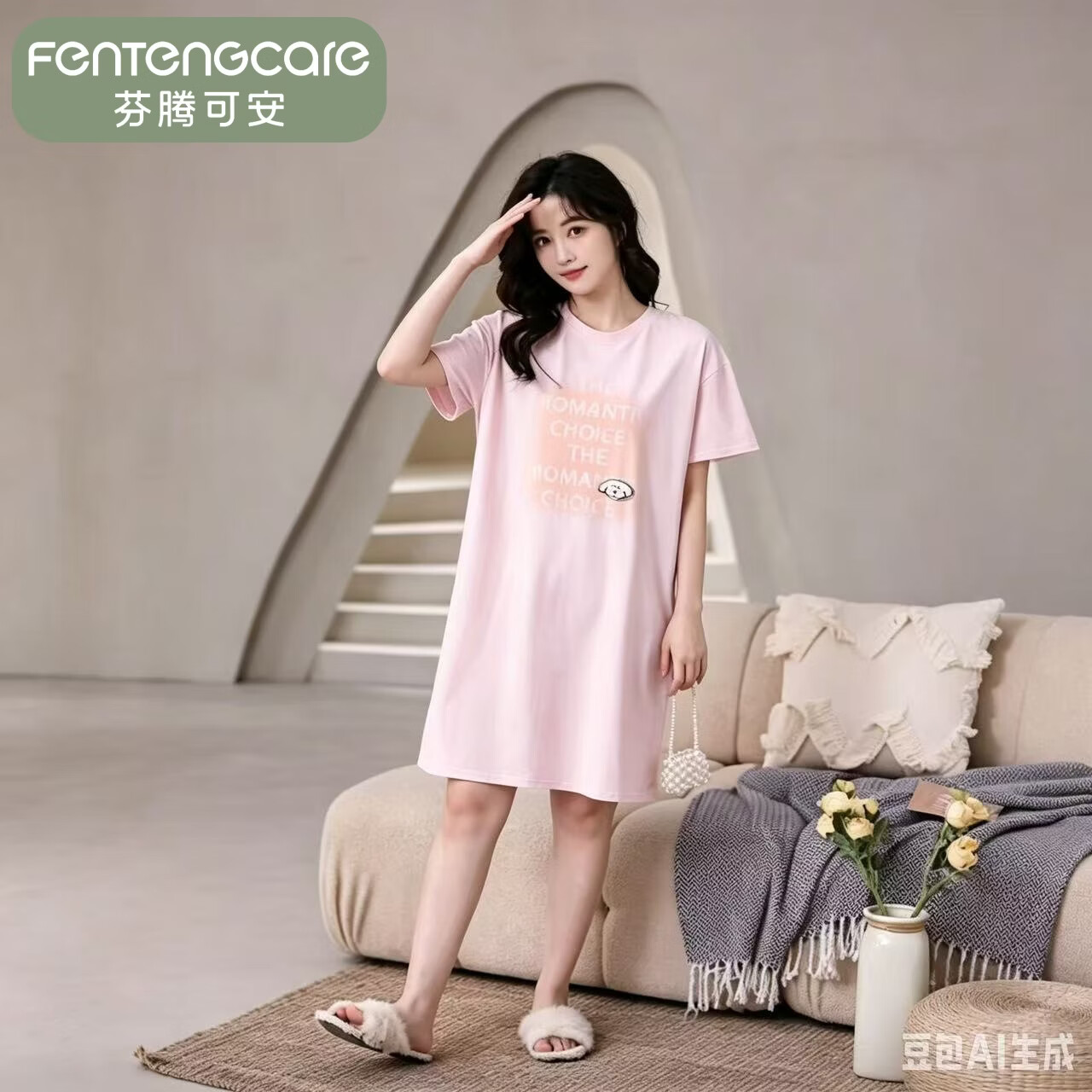 芬腾可安（FENTENGCARE）【B】睡裙夏季短袖女士纯棉睡衣薄款可爱家居服中长款 粉色【纯棉睡裙】 XL