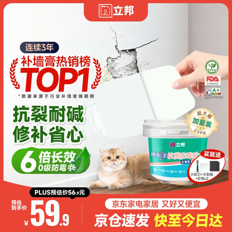 立邦补墙膏墙面修复防霉抗菌墙面修补膏堵洞腻子膏白色2.5kg