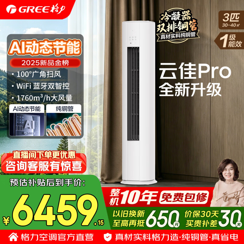 格力空调 双排铜管 3匹 新一级能效 变频冷暖 云佳pro/云锦三代等系列 舒适风客厅立柜式柜机 国家补贴 云佳Pro 3匹 AI节能省电 超一级能效