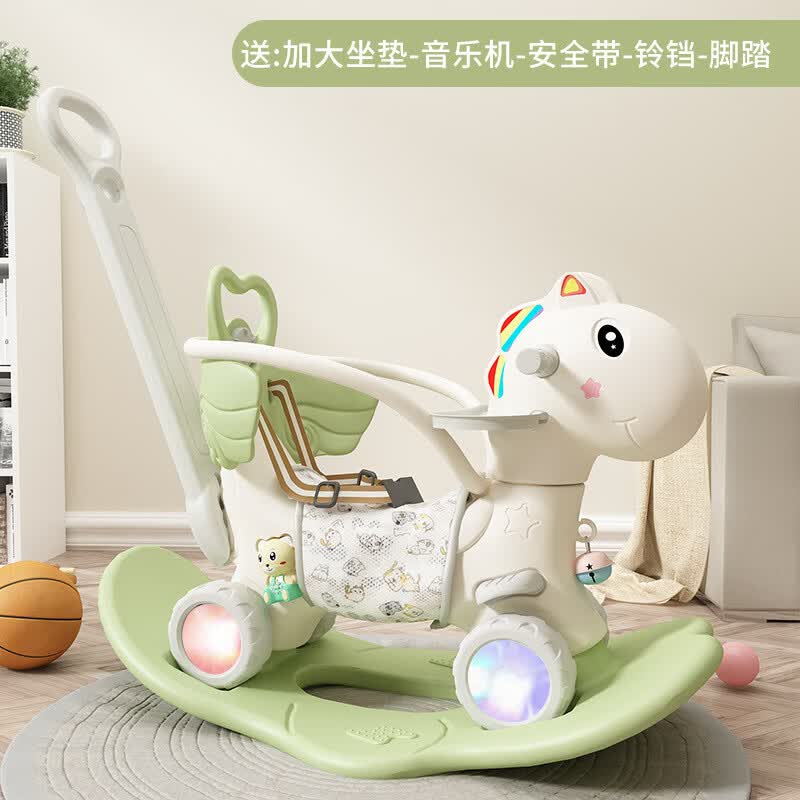 【工厂正品】摇摇马木马儿童摇马婴儿宝宝溜溜车二合一小摇马-yqx 绿色靠背+护栏+推杆+餐盘+闪光轮